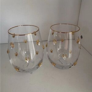 Set Of 2 Gold And Rhinestone Reindeer Holiday Stemless Wine Glasses